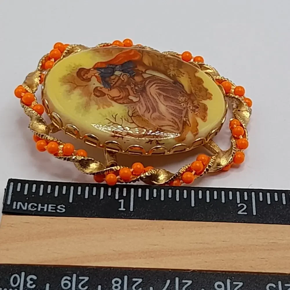 Vintage Romantic Scene Fragonard Style Brooch, Orange Bead Gold Frame, 2 Inches